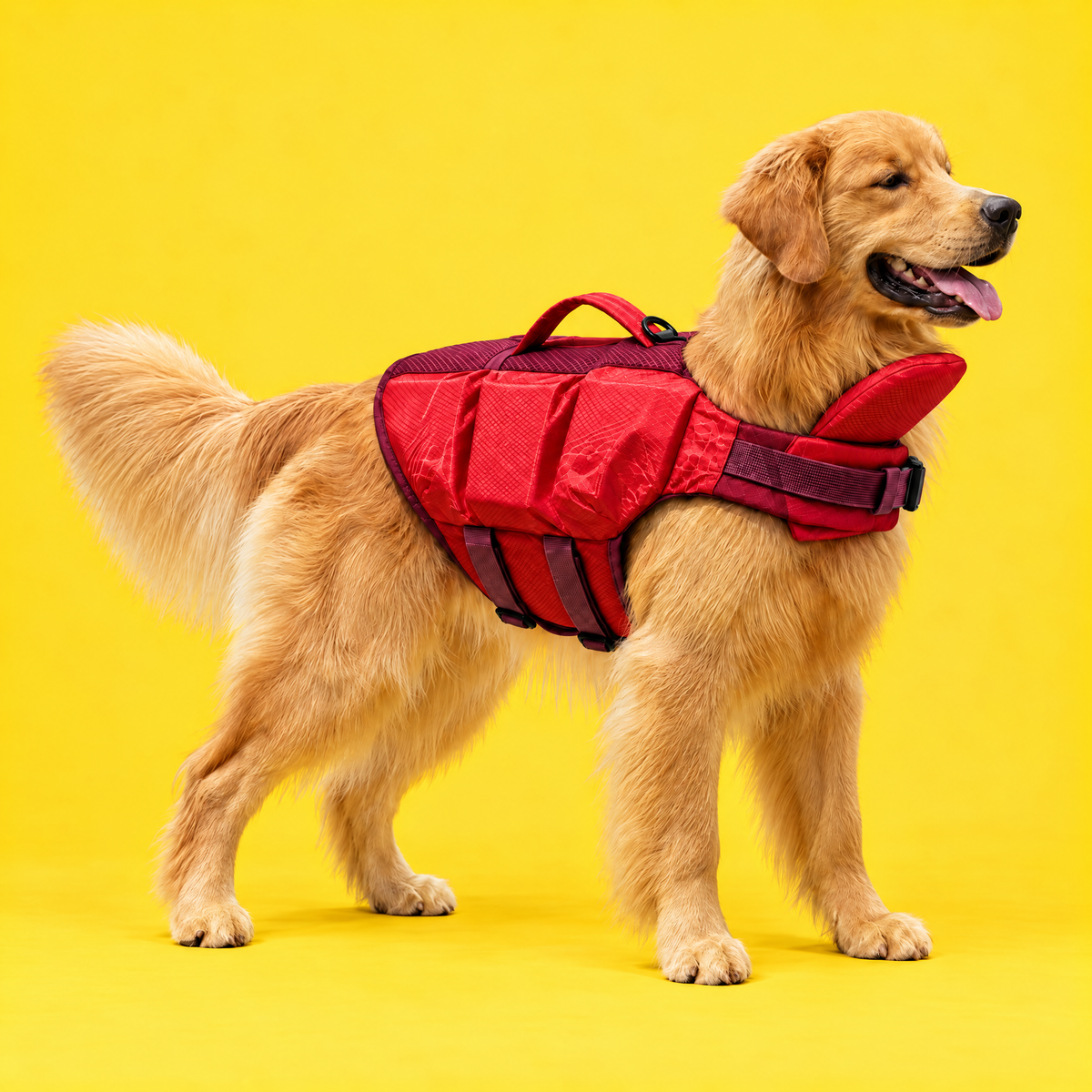 Dog wearing the Petzy Dog Pool Jacket in Red