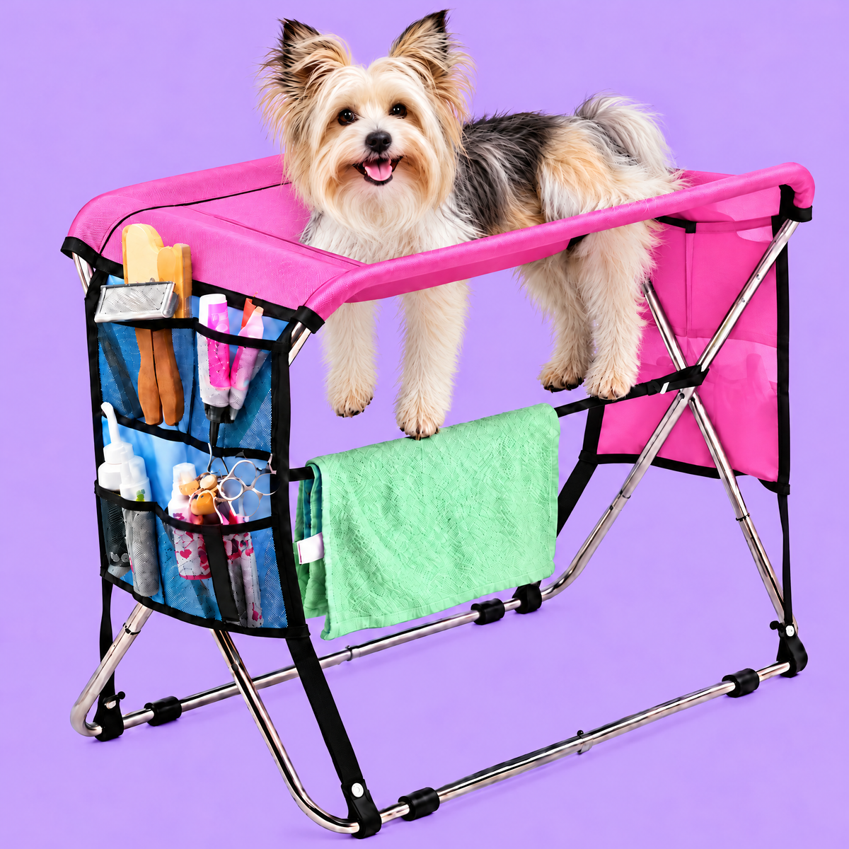 Petzy Dog Bath Stand in Pink with a dog standing on top