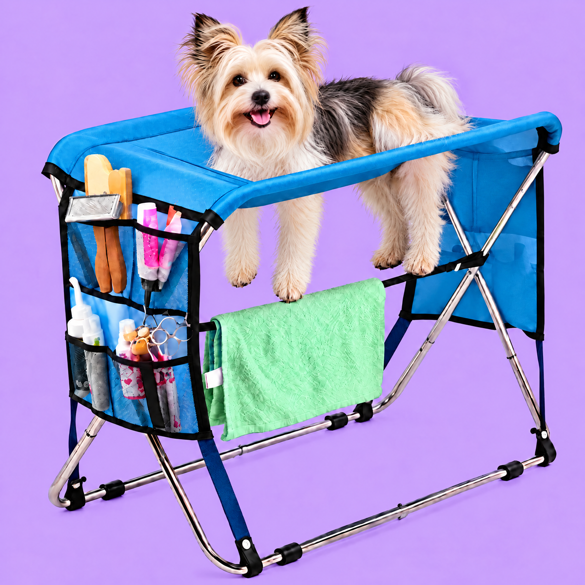 Petzy Dog Bath Stand in Blue with a dog standing on top