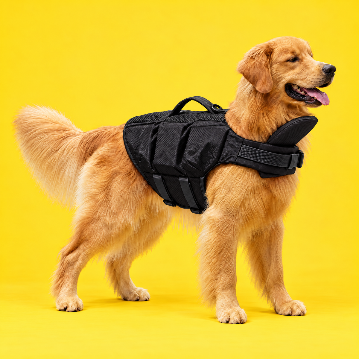 Dog wearing the Petzy Dog Pool Jacket in Black