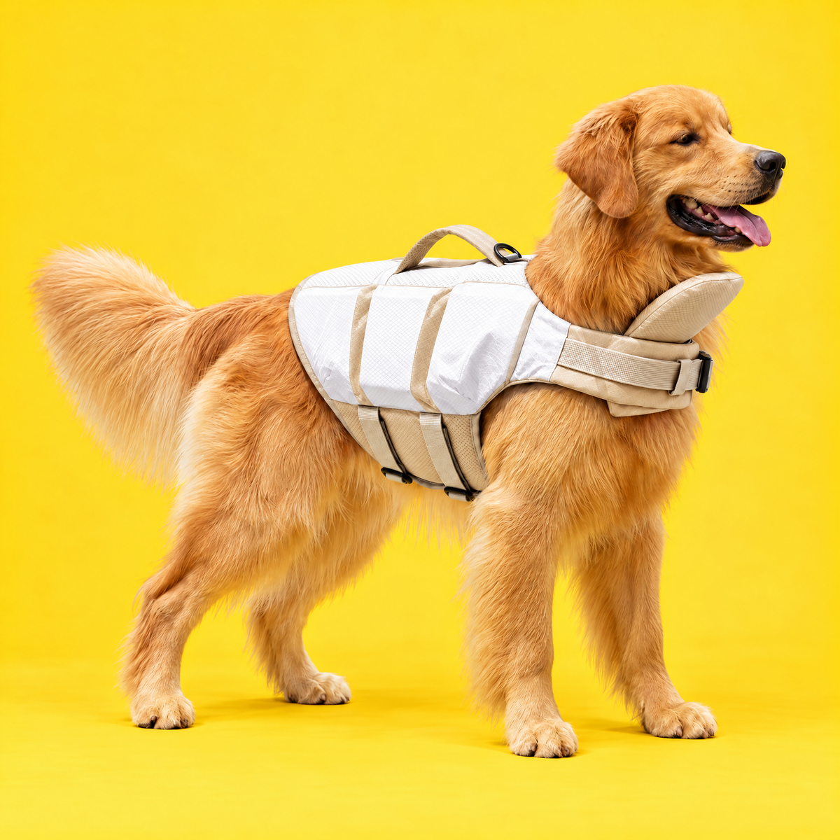 Dog wearing the Petzy Dog Pool Jacket in White