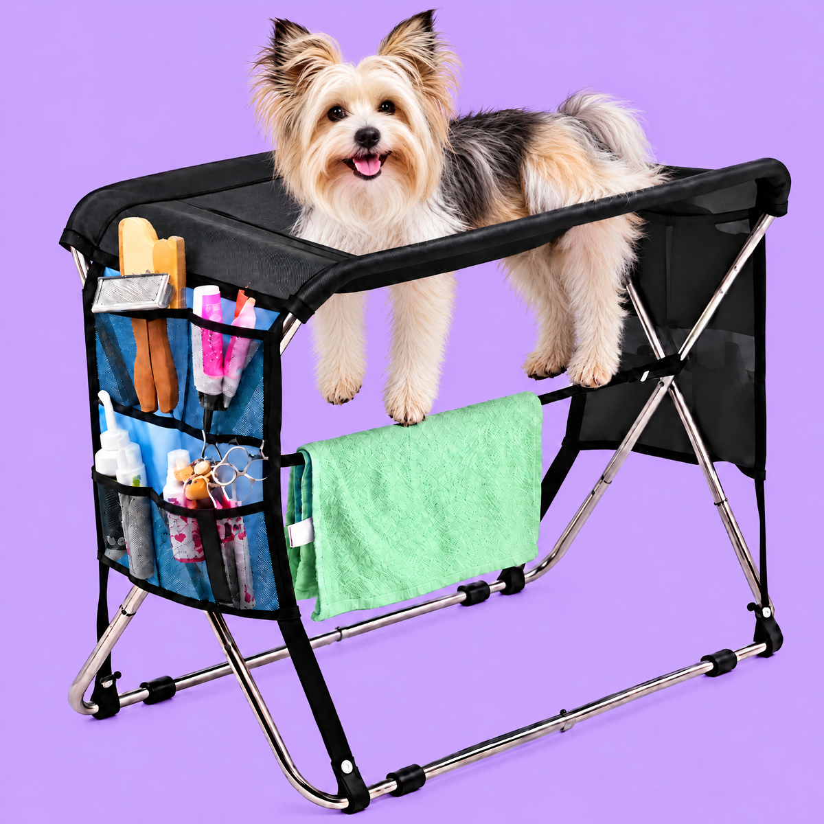 Petzy Dog Bath Stand in Black with a dog standing on top