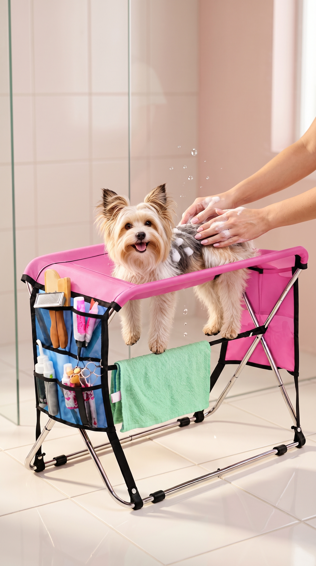 A Yorkshire terrier standing calmly on the pink Petzy Dog Bath Stand while being shampooed