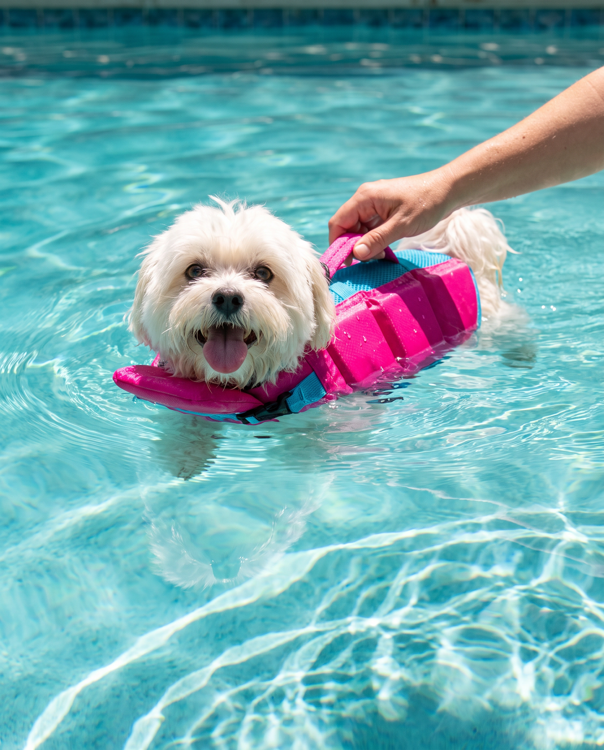A small white dog floating in a pool in a pink Petzy Dog Pool Jacket