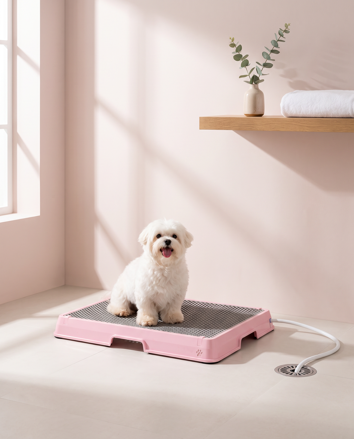 A small white dog sitting on the pink Petzy Smart Dog Potty in a bright laundry room